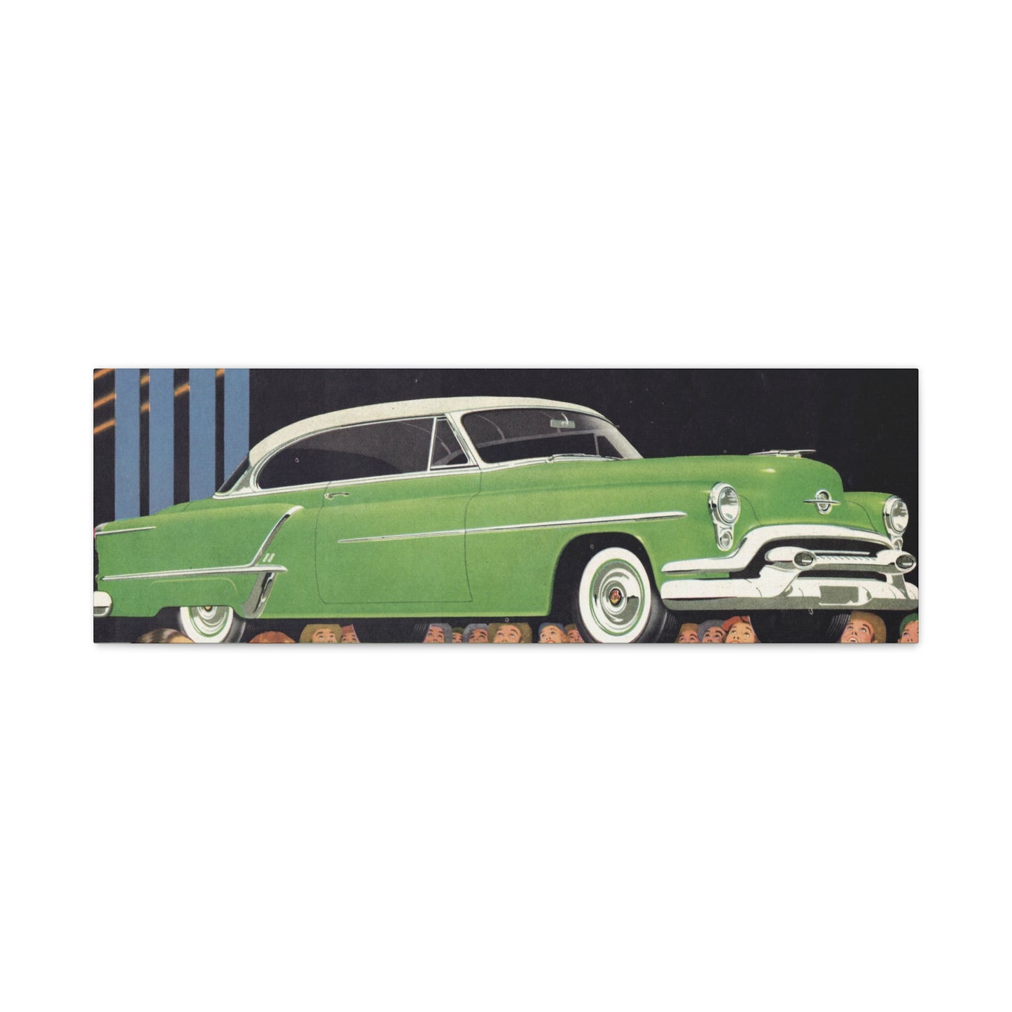 Sleek 1953 Oldsmobile 88 in vibrant green, with chrome details and white wall tires, parked in a picturesque setting