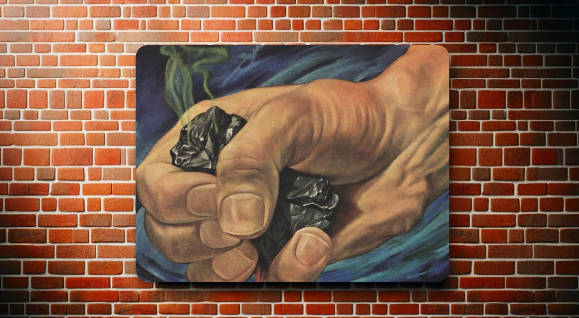 Illustration of a powerful hand holding lumps of coal against a blue and black background, symbolizing human industrial effort.