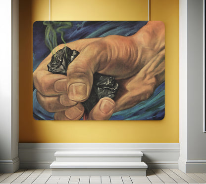 Illustration of a powerful hand holding lumps of coal against a blue and black background, symbolizing human industrial effort.