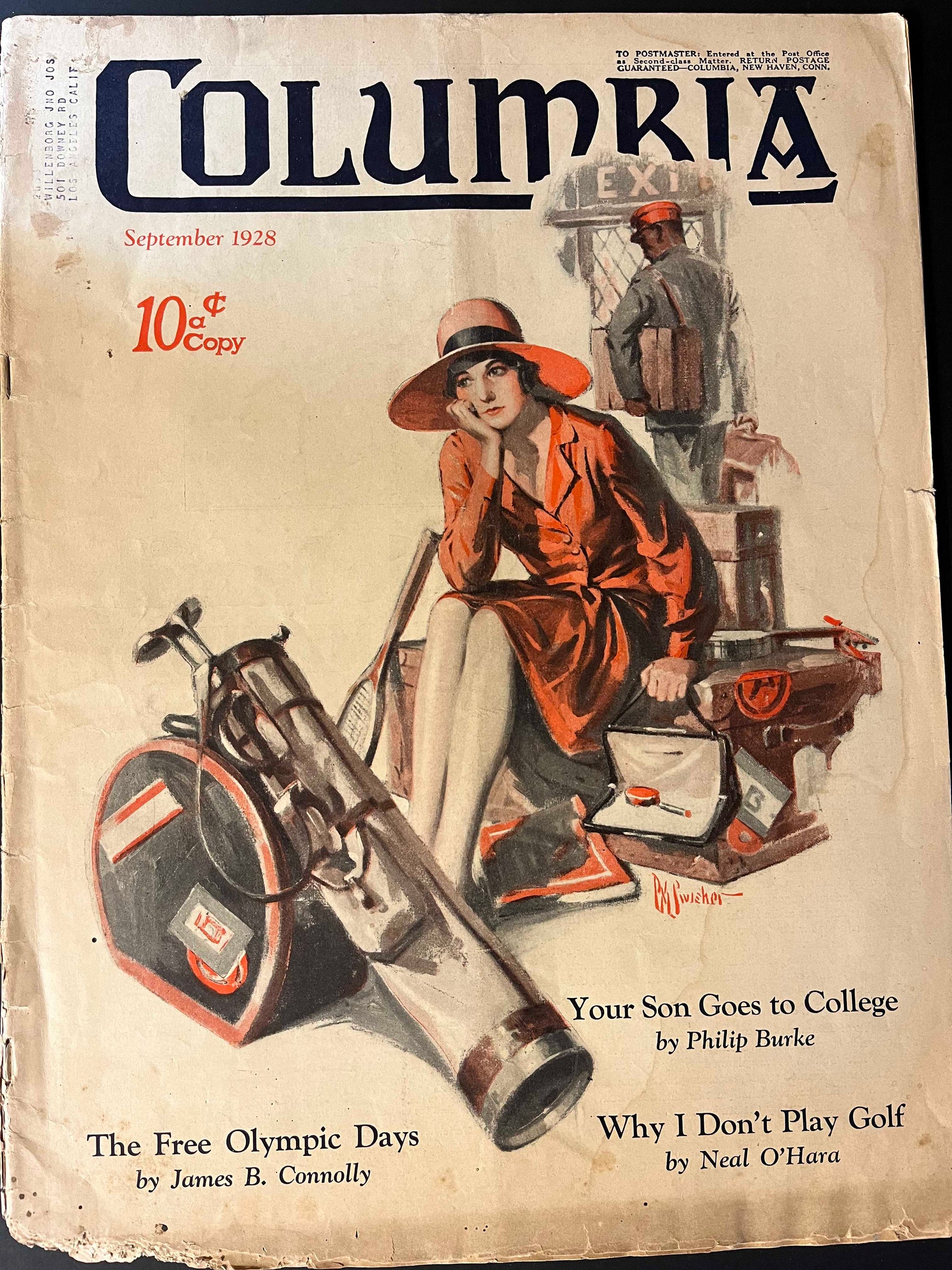 Summary of What is Shown in the Photo: The cover of this September 1928 Columbia Magazine features an elegant woman in a striking orange dress and hat, evoking the quintessential flapper style. She's portrayed alongside the tools of golf, symbolizing the leisure pursuits of the time. The backdrop features a subdued scene of a man with a golf bag, adding depth and narrative to this beautifully illustrated cover.