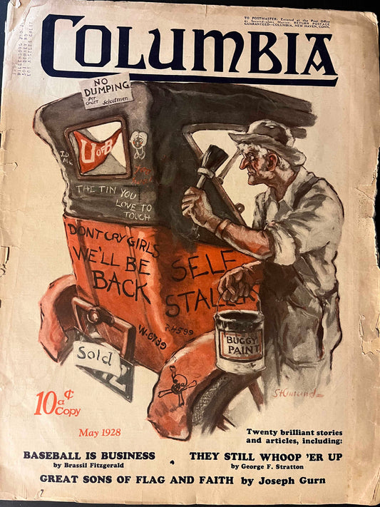 The cover art of the May 1928 issue depicts a nostalgic American scene, with a rugged individualist taking a stand against the modernization of the country. With vivid imagery and a touch of humor, it captures the zeitgeist of the era's societal shifts.