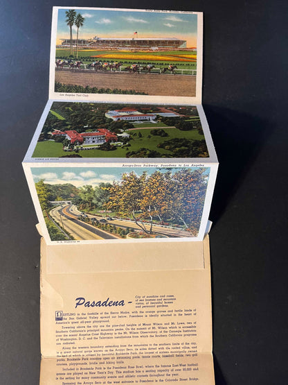 The folder showcases vivid depictions of Pasadena’s attractions, such as the iconic Colorado Street Bridge and the lush grounds of the Los Angeles Turf Club. It unfolds to reveal a treasure trove of hand-picked images that paint a picture of the city's allure in the 1940s.