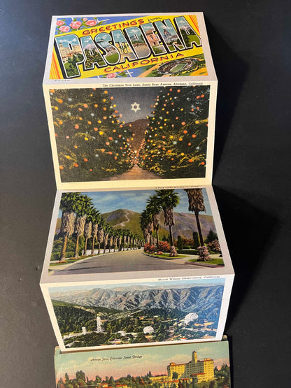 The folder showcases vivid depictions of Pasadena’s attractions, such as the iconic Colorado Street Bridge and the lush grounds of the Los Angeles Turf Club. It unfolds to reveal a treasure trove of hand-picked images that paint a picture of the city's allure in the 1940s.