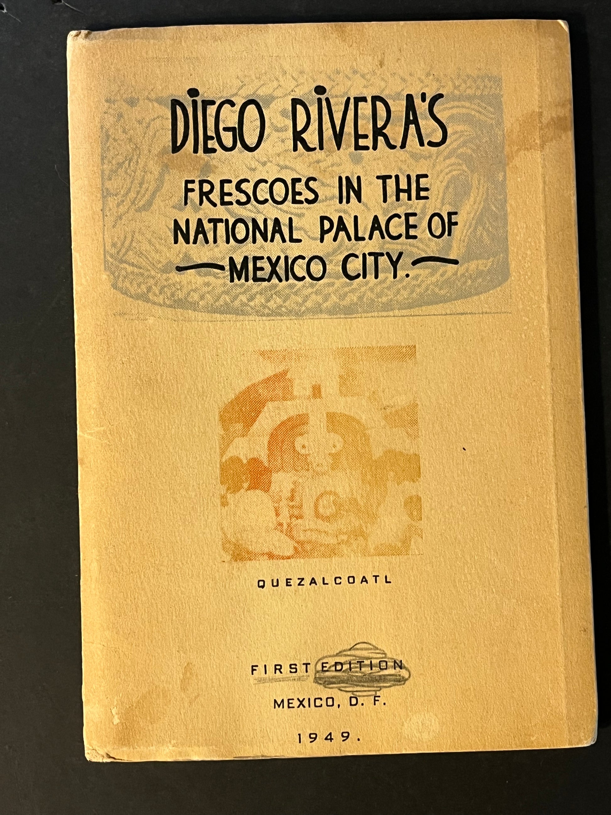 The cover of the guidebook features an understated design with a silhouette of the Aztec deity Quetzalcoatl, hinting at the depth of cultural heritage within. The contents reveal a rich narrative depicted across Rivera's murals, each chapter in the booklet corresponding to a significant epoch in Mexican history.