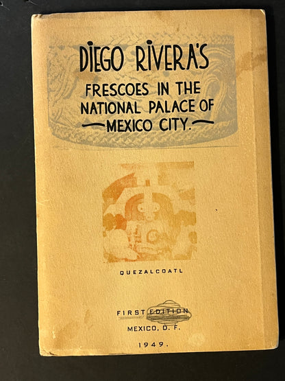 The cover of the guidebook features an understated design with a silhouette of the Aztec deity Quetzalcoatl, hinting at the depth of cultural heritage within. The contents reveal a rich narrative depicted across Rivera's murals, each chapter in the booklet corresponding to a significant epoch in Mexican history.