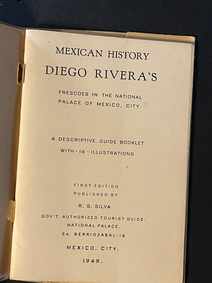 The cover of the guidebook features an understated design with a silhouette of the Aztec deity Quetzalcoatl, hinting at the depth of cultural heritage within. The contents reveal a rich narrative depicted across Rivera's murals, each chapter in the booklet corresponding to a significant epoch in Mexican history.