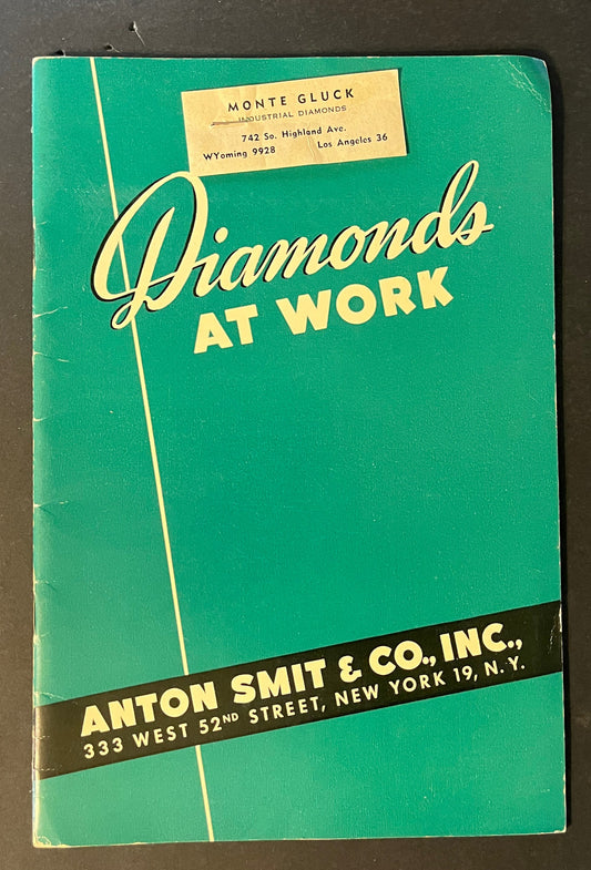 The cover features a striking industrial scene, while inside, detailed illustrations and descriptions provide insights into the diverse uses of diamonds in industry, from cutting tools to precision instruments.