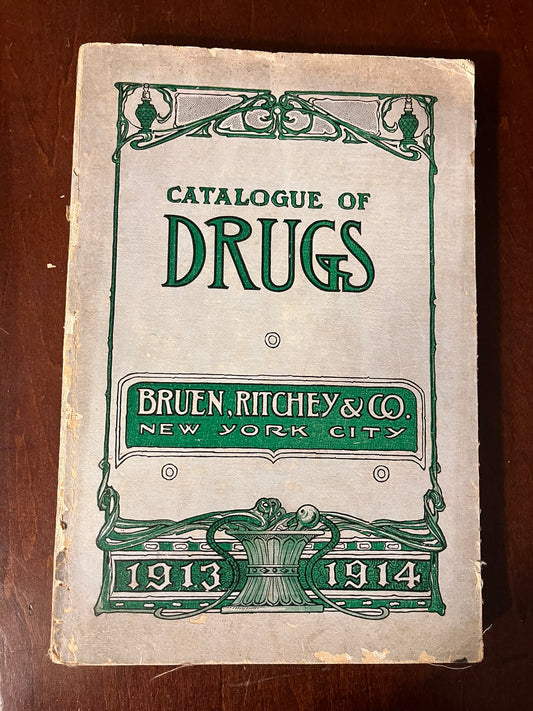 The photos showcase a selection of pages from the catalogue, highlighting the detailed listings and illustrations of products such as Sanifold Sanitary Drinking Cups and collapsible aluminum cups, as well as a comprehensive directory of drugs and medical supplies available at the time. The text and images provide an intriguing insight into the past, reflecting both the medical practices and the printing techniques of the era.