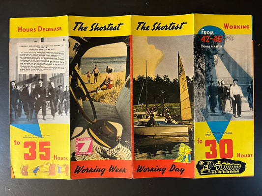 The brochure vividly illustrates leisure and cultural activities, family time, and increased earnings, set against the backdrop of the USSR's push for a shorter working week. Each page is a testament to the Soviet state's efforts to craft a narrative of prosperity and progress, complete with graphical elements and period photographs that capture the spirit of the era.