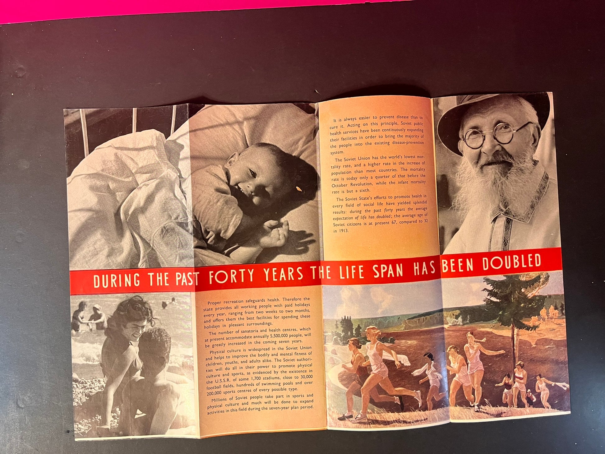 These photos display the intricate details of the pamphlet's exterior and interior, emphasizing the bold graphics and photographic images used to convey the Soviet Union's message. The interior pages are rich with period photography, optimistic healthcare statistics, and aspirational messages, all aimed at illustrating the USSR's dedication to public welfare and medical progress.