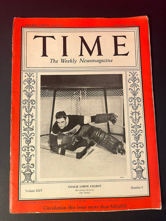 1935 February 11 TIME Magazine with Hockey Goalie Lorne Chabot - Vintage Sports Memorabilia Hockey History